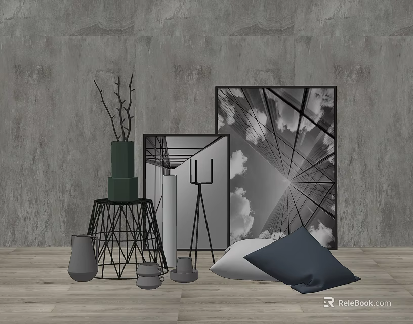 Modern Ornamental Decor Set With Concrete Wall Black White Painting Branches And Navy Cushions 3d model 