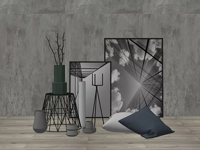 Modern Ornamental Decor Set With Concrete Wall Black White Painting Branches And Navy Cushions 3d model