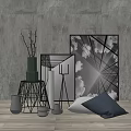 Modern Ornamental Decor Set With Concrete Wall Black White Painting Branches And Navy Cushions