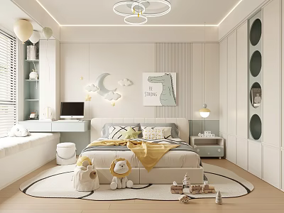 Kids Room Interior Design With Bed Stuffed Toys Moon Cloud Decor Map Wall Art And Rug 3d model