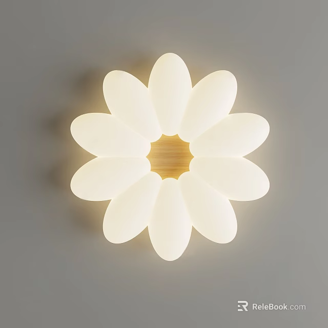 Modern Flower Shaped Ceiling Light With White Petals And Wooden Center Design For Contemporary Interior 3d model