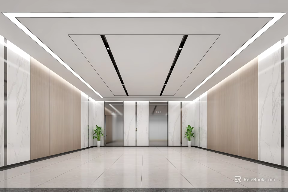 Modern Elevator Lobby With Marble Walls Wooden Panels Recessed Lighting And Potted Plants 3d model 