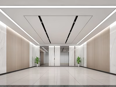 Modern Elevator Lobby With Marble Walls Wooden Panels Recessed Lighting And Potted Plants 3d model