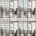 Modern Glass Grid Room Divider In Bright Interior With Dining Table And Chairs 3d model