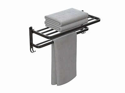 Gray Towels On Black Bathroom Rack With Folded And Hanging Design 3d model