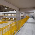 Spacious Basketball Gym Interior With Wooden Floor Inscription Yellow Bleachers And Ceiling Lighting