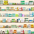 Organized Medical Devices Shelf Display With Various Types Of Packaged Pharmaceutical Supplies