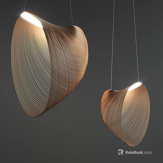 Two Textured Wooden Heart Shaped Pendant Lights Illuminated on Gray Background 3d model 