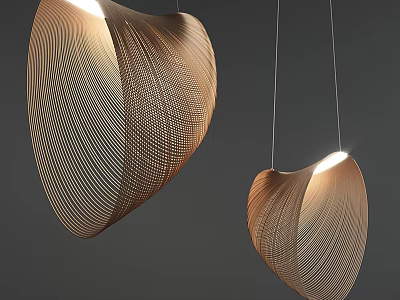 Two Textured Wooden Heart Shaped Pendant Lights Illuminated on Gray Background 3d model