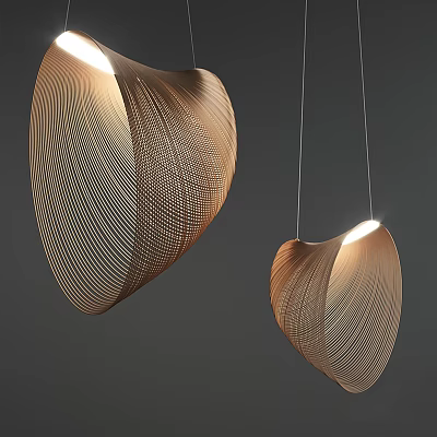 Two Textured Wooden Heart Shaped Pendant Lights Illuminated on Gray Background 3d model