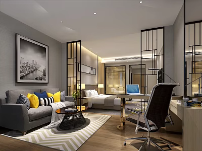 Modern Hotel Guest Room With Comfortable Sofa Work Desk And Stylish Partitions 3d model