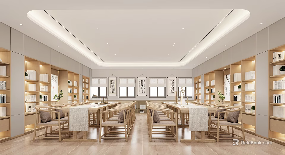 Traditional Book Art Interior Design With Wooden Bookshelves Long Tables And Calligraphy Decorations 3d model 
