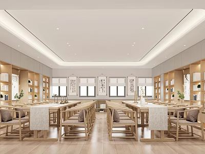Traditional Book Art Interior Design With Wooden Bookshelves Long Tables And Calligraphy Decorations 3d model