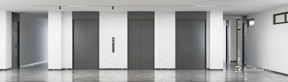 Modern Elevator Hallway With Gray Doors White Walls And Polished Tiled Flooring 3d model 
