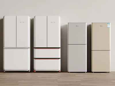 White Gray Beige Refrigerators With Double Door And Multi Door Styles On Wooden Floor 3d model