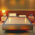 Modern Comfortable Bedroom With Golden Mat Wooden Headboard LED Strip And Gray Curtains