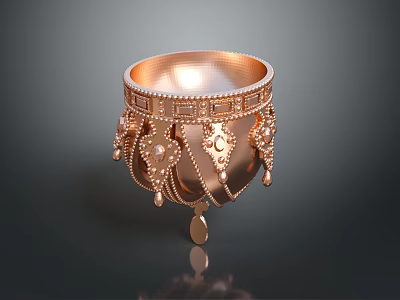 Ornate Rose Gold Decorative Cup With Beaded Trim And Hanging Pendants 3d model