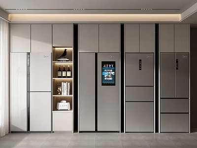 Modern Kitchen Interior Featuring Built-in Stainless Steel Refrigerators and Freezers in Contemporary Design 3d model