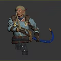 Elven Warrior In Blue Armor With White Fox And Curved Sword