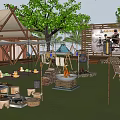 Scenic Camping Site Featuring Tented Cabins Wooden Structures Trees Outdoor Seating And Fire Pit