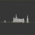 Detailed 3D Model Castle With Blue Towers White Walls Symmetrical Garden And Green Lawn
