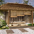 Japanese Pergola with Thatched Roof Bamboo Curtains Bamboo Plants White Walls Pebble Ground and Bench