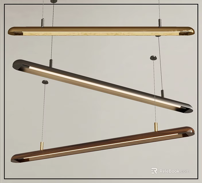 Sleek Modern Elongated Pendant Lights With Metal And Wood Hanging Fixtures Design 3d model 