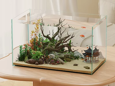 Aquarium Setup With Aquascape Plants Driftwood Rocks Pagoda And Fish 3d model