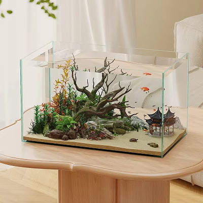 Aquarium Setup With Aquascape Plants Driftwood Rocks Pagoda And Fish 3d model
