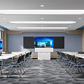School Modern Classroom With Large Screens Wooden Walls White Podium Tables Chairs And Ceiling Lights