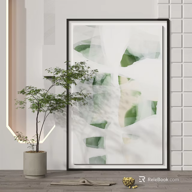 Large Modern Abstract Painting With Green Geometric Shapes And Indoor Plant In White Interior 3d model 