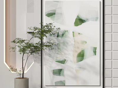 Large Modern Abstract Painting With Green Geometric Shapes And Indoor Plant In White Interior 3d model
