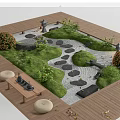 Serene Courtyard Garden with Wooden Deck Green Lawn Stone Pathway and Round Stone Seats