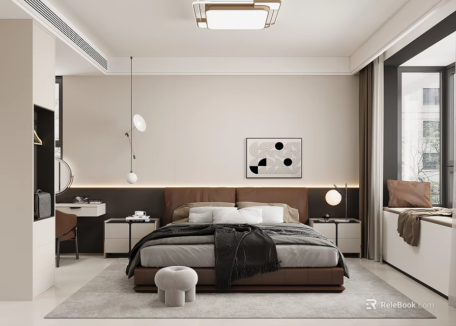 Modern Bedroom Interior Design With Bed Nightstands Wall Art And Pendant Light 3d model 