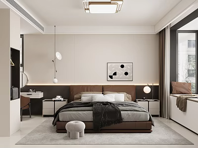 Modern Bedroom Interior Design With Bed Nightstands Wall Art And Pendant Light 3d model
