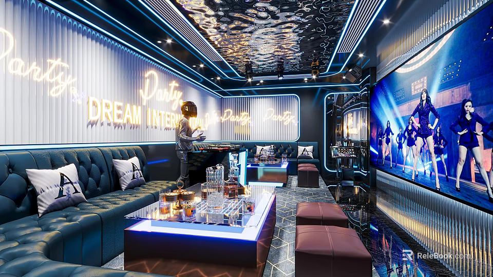 Luxury KTV Interior Design With Modern Sofa Seating LED Lighting And Large Entertainment Screen 3d model
