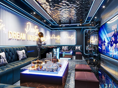 Luxury KTV Interior Design With Modern Sofa Seating LED Lighting And Large Entertainment Screen 3d model