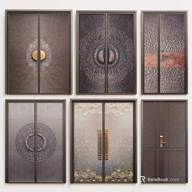 Elegant Artistic Double Doors With Ornate Patterns Metal Handles And Textured Finishes 3d model 