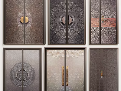 Elegant Artistic Double Doors With Ornate Patterns Metal Handles And Textured Finishes 3d model