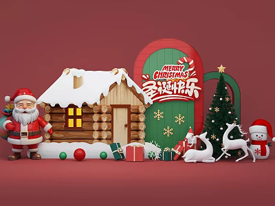 Christmas beauty Chen Christmas photo clock point Christmas atmosphere layout Santa Claus wooden house Christmas tree Christmas snowman deer gift box pile head 3d model