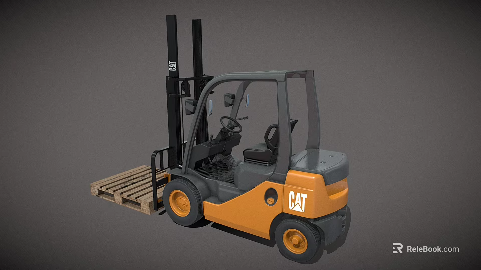 CAT Orange And Gray Forklift With Pallet Fork And Cab Design 3d model 