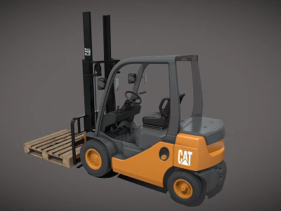 CAT Orange And Gray Forklift With Pallet Fork And Cab Design 3d model