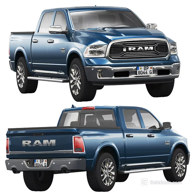 Blue RAM Pickup Truck Front And Rear View With Chrome Accents And Silver Wheels 3d model 