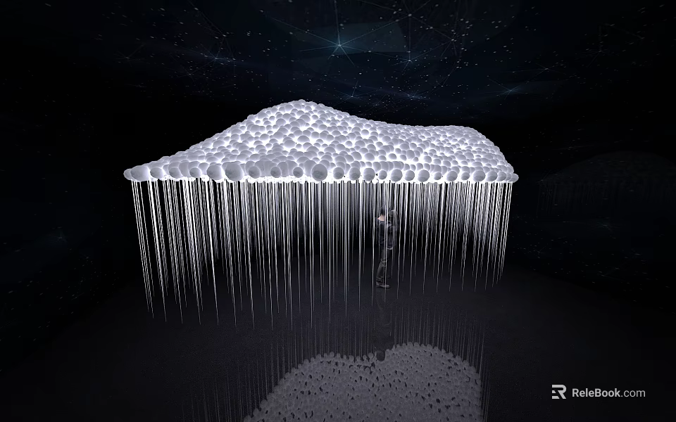 Cloud Shaped Decorative Light With Hanging Lines And Reflection On Dark Background 3d model 