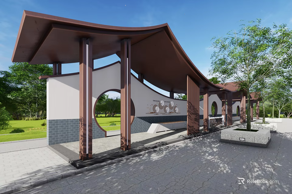 Traditional Chinese Garden Pergola With Circular Windows Wooden Columns And Green Lawn 3d model 