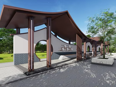 Traditional Chinese Garden Pergola With Circular Windows Wooden Columns And Green Lawn 3d model