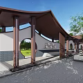 Traditional Chinese Garden Pergola With Circular Windows Wooden Columns And Green Lawn