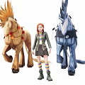 Red Haired Girl Standing By Mythical Creatures Under Full Moon Starry Sky With Water Reflection