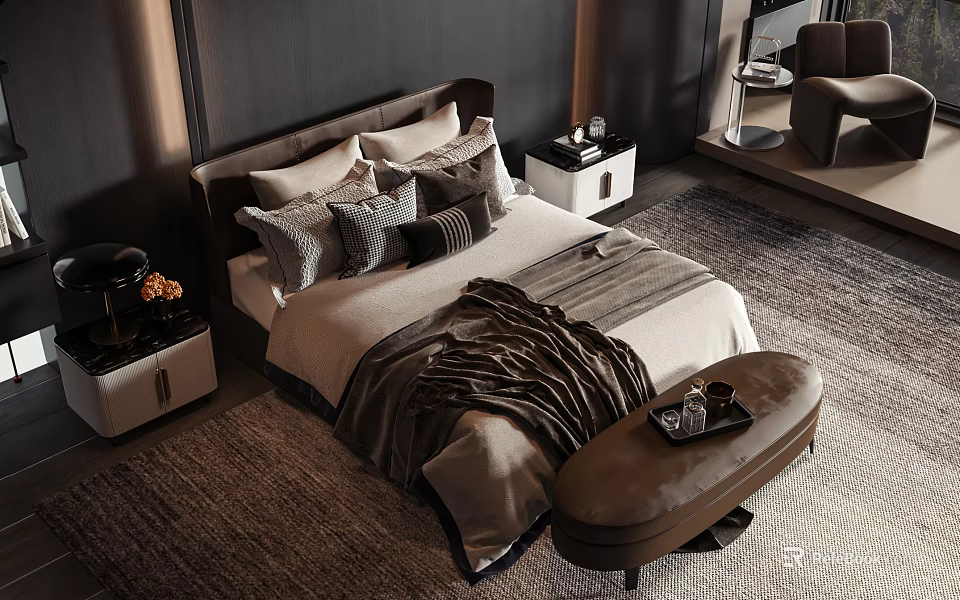 Elegant Double Bed With Dark Headboard Multiple Pillows Cozy Blanket Bedside Tables And Stool 3d model 