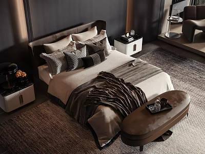 Elegant Double Bed With Dark Headboard Multiple Pillows Cozy Blanket Bedside Tables And Stool 3d model